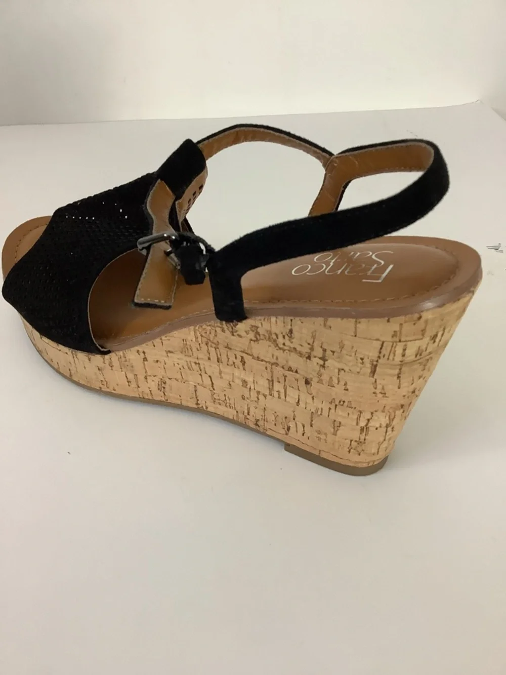 Franco Sarto Black Perforated T-Strap 4” Cork Wedge Sandals